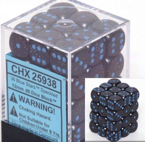 Chessex Dice d6 Sets: Blue Stars Speckled - 12mm Six Sided Die (36) Block of Dice