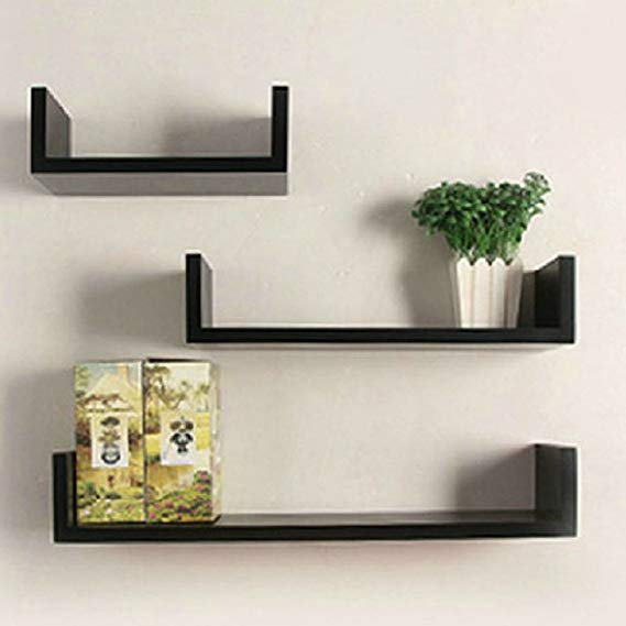 [US STOCK] 3 U Shape Floating Wall Mounted Shelves Storage Displaying Shelf Set, Espresso Finish (Black)