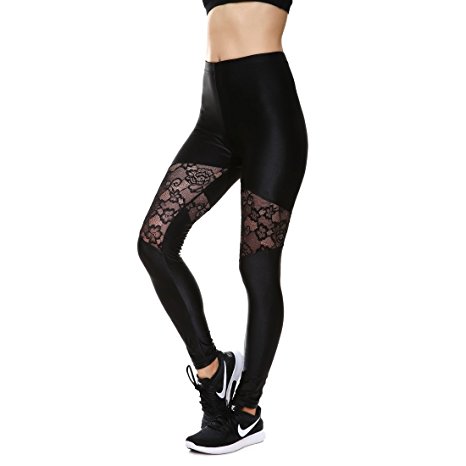 Lesubuy Lace Cutout Patchwork Nylon Shine Workout Jogging Yoga Women Black Compression Exercise Leggings With Mesh XS-XL