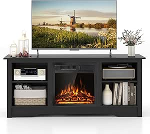 Giantex Fireplace TV Stand for TVs Up to 65”, Entertainment Center with Adjustable Shelves, 18” Electric Fireplace with Remote Control, 7-Level Brightness, 750W/1500W Heat Setting, TV Cabinet (Black)