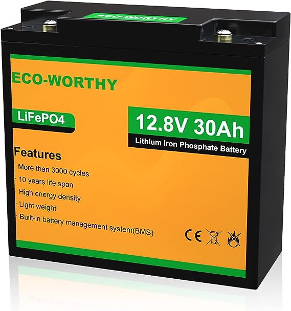 ECO-WORTHY 12V 30Ah Mini Lithium Battery, Rechargeable LiFePO4 Lithium Ion Phosphate Deep Cycle Battery Upgraded with BMS Protection for Trolling Motor, Marine, Kids Scooters, Power Wheels, RV