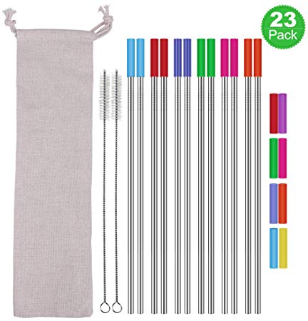 Stainless Steel Straws,Set of 12 10.5" FDA-Approved Reusable Drinking Straws for 30oz&20oz Tumblers Cups Mugs,Metal Straws with 20 Soft Food-Grade Silicone Tips,4 Cleaning Brushes(12 Straight)