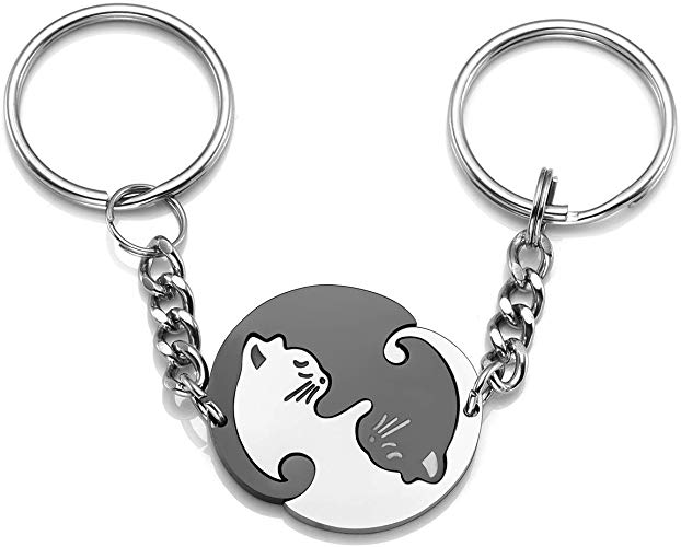 Jovivi Personalized Custom Name Engraved 2pcs Stainless Steel Black and White Yin yang Matching Puzzle Cat Couples Pendant Necklace Keychain for Lover