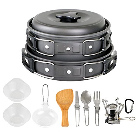 Cooking Sets Non-stick Cookware Mess Kit Includes Pot, Pot Cover, Frying Pan, Rice Spoon ,Soup Ladle , Picnic Bowl, Stove, Carabiner Canister and Folding Spork Set ¡­