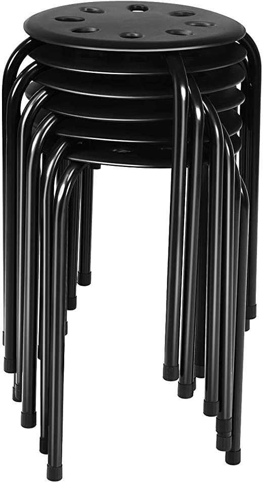 Costway 6Pack Plastic Stack Stools, 17.5Inch Portable Stackable Stools with Metal Frame, Backless School Classroom Decoration Stools with Round Top Ideal for Kids Children Students, Black