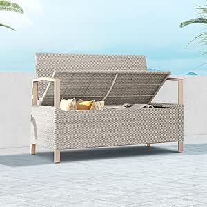 Grand patio Outdoor Storage Bench Deck Box with Olefin Cushion, Wicker Deck Box with Water Resistant Bag, Outdoor Seating for Front Porch, Store Garden Tools and Pool Storage (Warm Gray)