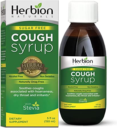 Herbion Naturals Sugar-Free Cough Syrup with Stevia, Helps Relieve Cough and Soothes Sore Throat, for Adults and Kids 6 Months and Above, 5 FL Oz