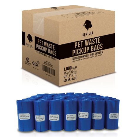 Gorilla Supply 1000 Blue Dog Pet Poop Bags, EPI Technology, 50 Refill Rolls