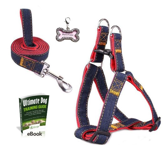 Olivery No-Pull Dog Leash Harness Set, FREE ID Tag, Adjustable Heavy Duty Denim Harness Leash Set for Large/Medium/Small/Extra-Small Pet Training & Everyday Walking
