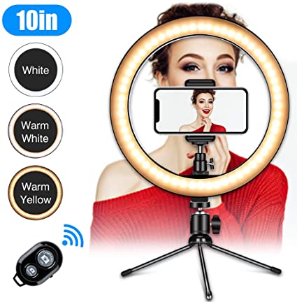 Selfie Ring Light with Tripod Stand,10" Desk LED Makeup Ring Light with Phone Holder&Remote for YouTube Video, Photography, Shooting with 3 Light Modes and 10 Brightness Level Compatible