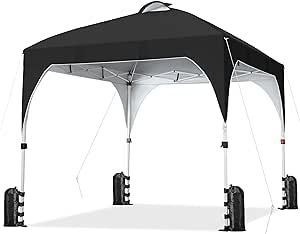 Yaheetech 10×10 Pop-Up Canopy Tent with 17 Solar LED Lights & Top Vent, Portable Outdoor Canopy Easy Setup Sun Shade Canopy Adjustable Tent with Wheeled Bag, 12 Stakes, 4 Sandbags & 4 Ropes, Black