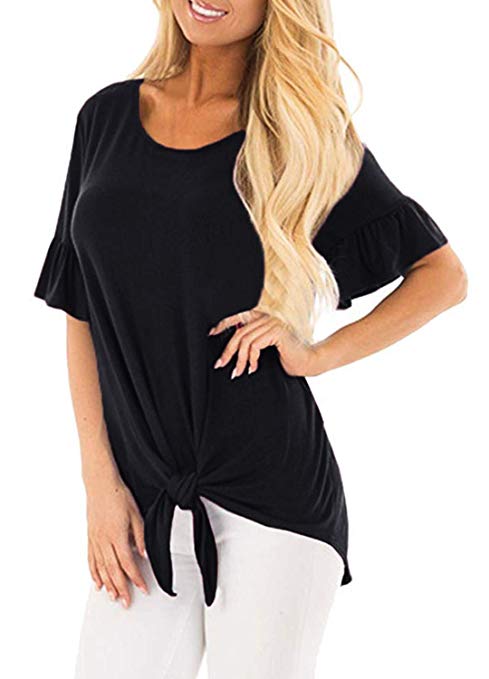 Fantastic Zone Women's Bell Sleeve Front Tie Knot Round Neck T Shirt Tops Blouse Tee Shirts