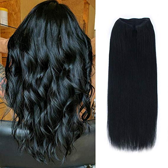ABH AmazingBeauty Hair Halo Hair Extensions - Invisible Miracle Wire 100% Remy Human Hair, Jet Black 1#, 20 Inch