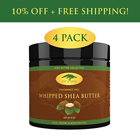 (4 Pack) Whipped African Shea Butter Cream - Pure 100% All Natural Organic Moisture for Soft Skin and Natural Hair - Body Butter Improves Blemishes Stretch Marks Scars Wrinkles Eczema & Dermatitis