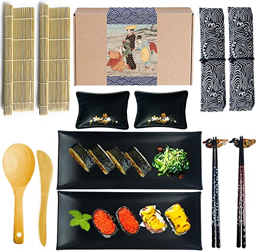 Artcome Sushi Making Kit DIY Sushi Set With 2 Bamboo Rolling Mats, 2 Sushi Plates, 2 Sauce Dishes, 2 Pairs of Chopsticks, 2 Chopsticks Holders, 2 Tableware Bags, 1 Paddle and 1 Spreader(14 pack)