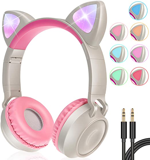 GBD Wireless Cat Ear Kids Headphones with Mic for Girls Boys Teens School Travel Tablet Holiday Birthday Gifts Led Glowing Headphones Foldable Volume Limited On Over Ear Game Headset (Gray)