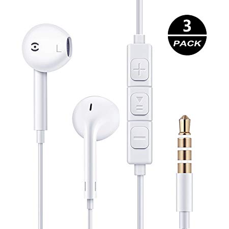 Wired Earphones Universal headset with microphone Stereo Headphones and Noise Isolating headset,White In-Ear Headset The Best Control for iPhone SE/5S/5C/5/6/6S Plus/iPad /iPod (3PACK-WHITE)