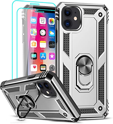 LeYi Compatible with iPhone 11 Pro Case with [2Pack] Tempered Glass Screen Protector, [Military-Grade] Protective Phone Cover Case with Magnetic Mount Ring Kickstand for iPhone 11 Pro 5.8 inch, Silver