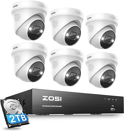 ZOSI 4K 8CH Spotlight PoE Security Camera System,6pcs 4K Wired Indoor Outdoor PoE IP Cameras with 2 Way Audio,Night Vision,Human Detection,Smart Light Alarm,8CH 8MP NVR with 2TB HDD for 24/7 Record