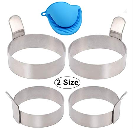Egg Ring 2 Size Pancake Mold, 4 Packs Egg Cooking Rings with Free Oven Glove, Stainless Steel Non Stick Omelet Mold Cooking Tool - 3.5 Inch & 3.0 Inch