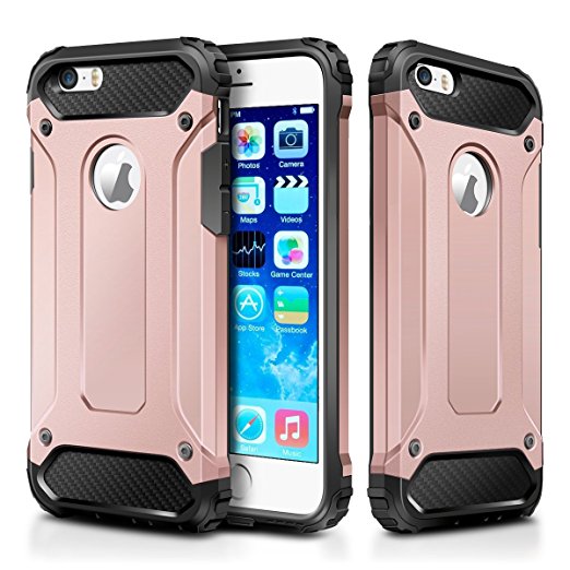 iPhone 5S Case,iPhone 5 Case,Wollony Rugged Hybrid Dual Layer Armor Protective Back Case Shockproof Cover for iPhone 5/5S - Heavy Duty - Slim Hard Shell Protection - Impact Resistant Bumper(Rose Gold)