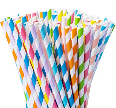 Besteek 200 Pcs Biodegradable Paper Straws Striped Rainbow Straws Cute Party Straws for Party Supplies Juices, Shakes, Smoothies, Arts & Crafts