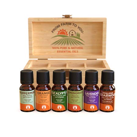 GuruNanda Top 6 Singles Essential Oils Set With 8 Ct Wooden Box -100% Pure and Natural Therapeutic Grade Aromatherapy Oil- Includes Lavender - Peppermint - Eucalyptus - Lemongrass - Orange - Cedarwood