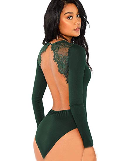 DIDK Women's Long Sleeve Backless Lace Applique Bodysuit