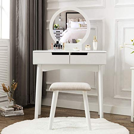 HONBAY Vanity Table Set with Round Mirror 2 Large Sliding Drawers Makeup Dressing Table with Cushioned Stool, White