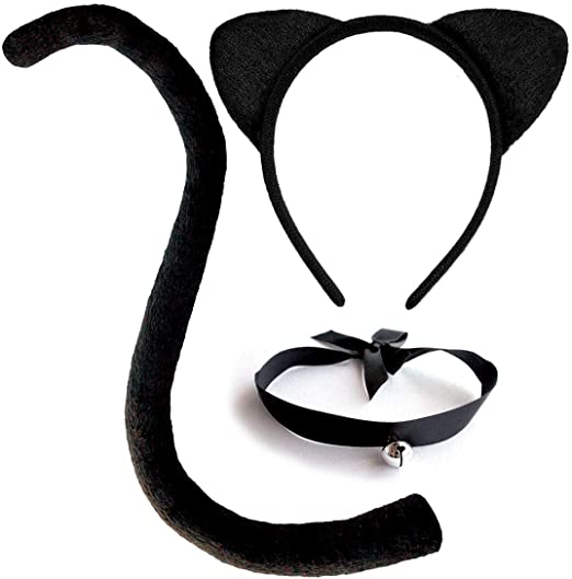 Cat Costume Accessories Cat Ears and Tail Set Black Animal Halloween Accessory Kit for Women/Kids/Adults Sexy Cat Cosplay Pack with Bell Choker Necklace 3 PCS