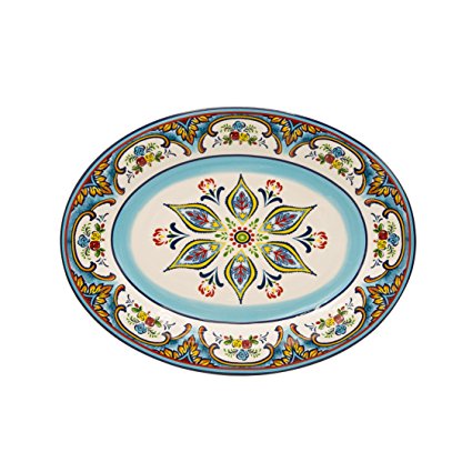 Euro Ceramica Zanzibar Collection Vibrant 18" Ceramic Oval Serving Platter, Spanish Floral Design, Multicolor