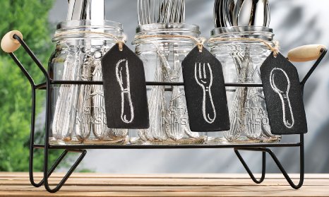 4 Piece Flattware Mason Caddy Set, 3 Clear Glass Mason Jars Mugs with Hanging Chalkboards on Black Wire Basket with Wooden Handles,cutlery Utensil Holder