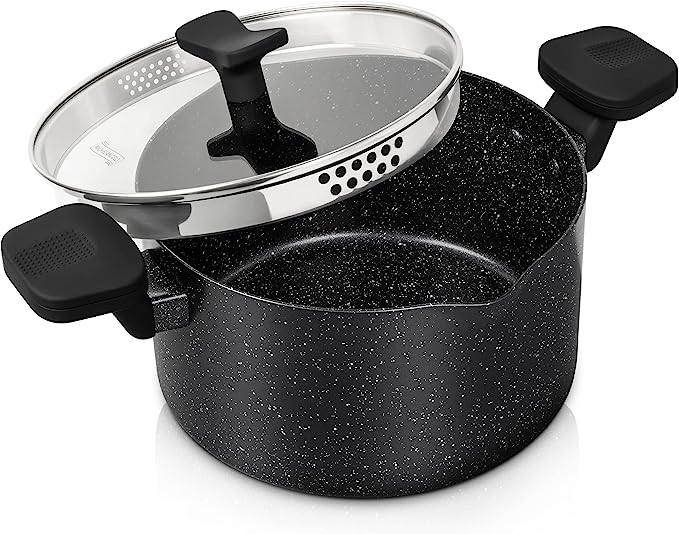 MICHELANGELO Pasta Pot with Strainer Lid, 6 Quart Stock Pot with Twist and Lock Handles, Nonstick Soup Pot with Granite Coating, Spaghetti Pot Induction Compatible, Black