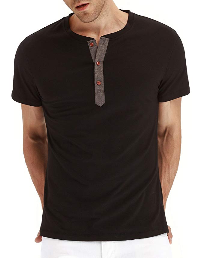 PEGENO Men's Casual Slim Fit Short Sleeve Henley T-shirts Cotton Shirts