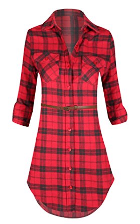 Women's Long Sleeve Button Down Plaid Flannel Belted Tunic Shirt Dress