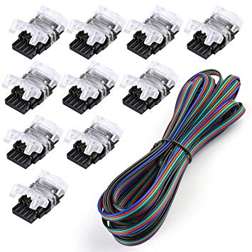 10 Pack LED Strip Connector for Waterproof 4 Pin 10mm 5050 RGB LED Strip Lights, Strip to Wire Quick Connection, 22-20 AWG, Include 16.4FT Extension Cable