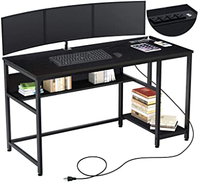 Rolanstar Computer Desk with Recessed Power Strip, 55" Office Desk with 2 Storage Shelves with Corner Protectors, Study Table, Workstation,Business Style, Stable Metal Frame, Black