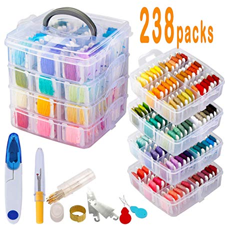 238 Pack Embroidery Thread Floss Set Including 200 Colors 8 M/Pcs Cross Stitch Sewing Thread with Floss Bins and 38 Pcs Cross Stitch Tool,4-Tier Transparent Storage Box