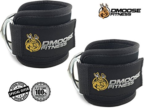 Ankle Straps for Cable Machines by DMoose Fitness - Strong Velcro, Double D-Ring, Adjustable Comfort fit Neoprene - Premium Ankle Cuffs to Enhance Abs, Glute & Leg Workouts - For Men & Women