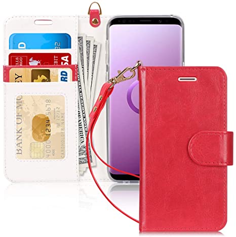 FYY Luxury PU Leather Wallet Case for Samsung Galaxy S9, [Kickstand Feature] Flip Folio Case Cover with [Card Slots] and [Note Pockets] for Samsung Galaxy S9 Red