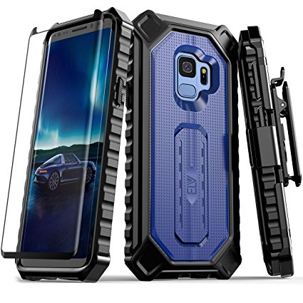 Samsung Galaxy S9 Case, ELV [Croco Series] Premium Holster Defender Belt Clip Rugged Case - Curved Glass Screen Protector & Kickstand for Samsung Galaxy S9 (DARK BLUE/ BLACK)