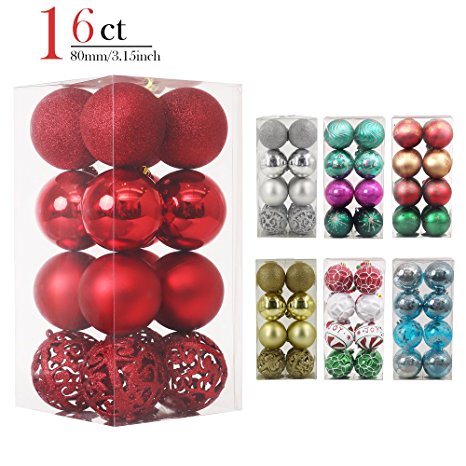 Valery Madelyn 16ct 80mm Essential Red Shatterproof Christmas Ball Ornaments Decoration for Holiday Wedding Party, Tree Balls 8cm/3.15inch, 16 Hooks Included, Themed with Tree Skirt(Not Included)
