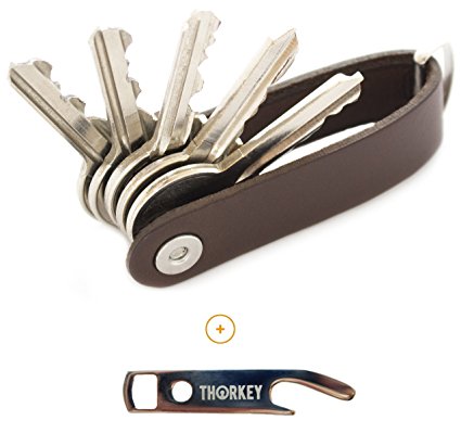 Leather Compact Key Holder Organizer By ThorKey - Made Of Durable Premium Quality Leather - Secure Locking Mechanism - Up To 8 Keys & Tools - Smart & Practical Design Keychain - Bottle opener included