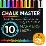 Chalkmaster Liquid Chalk Markers - Huge 10 Color Liquid Chalk Premium Artist Quality Marker Pen Set  6 FREE Additional 6 mm Reversible Chisel to Bullet Point Tips - 100 Satisfaction Guarantee