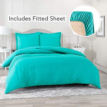 Nestl Bedding Duvet Cover with Fitted Sheet 4 Piece Set - Soft Double Brushed Microfiber Hotel Collection - Comforter Cover with Button Closure, Fitted Sheet, 2 Pillow Shams, Queen - Teal