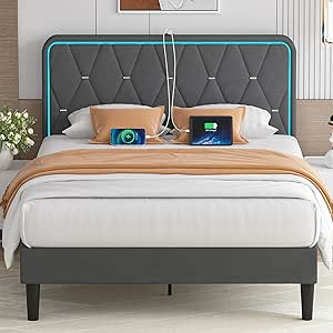 VECELO Upholstered Queen Bed Frame with Headboard Adjustable, Velvet Platform Bed with LED Lights, Charging Station, Mattress Foundation with Wooden Slats, Noise Free, No Box Spring Needed, Dark Grey