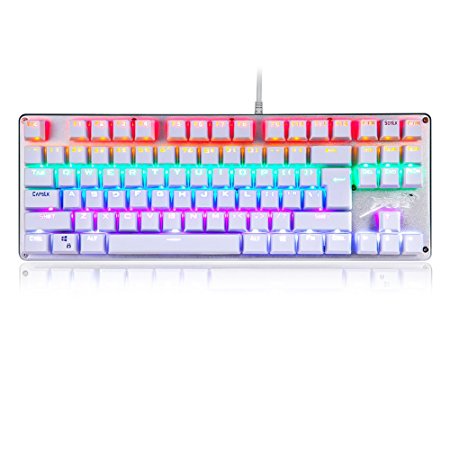 LINGBAO JIGUANSHI Mechanical Gaming Keyboard with Blue Switches,Mix LED Backlight,87 Keys Anti-ghosting (White)