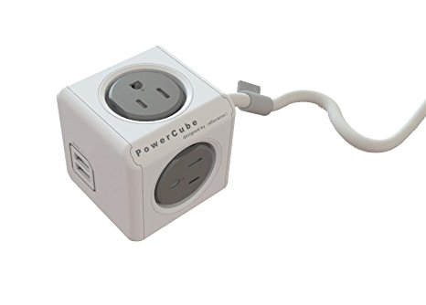 PowerCube Extended 4xAC Outlets, 2xUSB outlets, 5 Foot Cord Travel/Wall USB Charging Extension, Grey