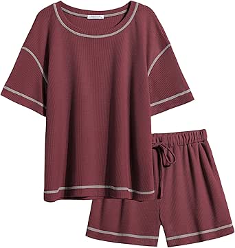 Ekouaer Lounge Sets for Women Waffle Knit Pajama Set 2 Piece Sets Outfit Loungewear Matching Set With Pockets