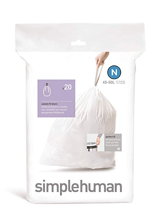 simplehuman Code N, Custom Fit Bin Liners, 20 Liners, White, 45-50 L